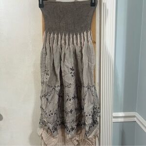 Gray and Cream Strapless Dress with Floral Embroidery